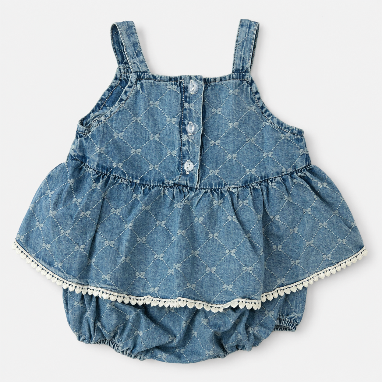 Denim Dungaree Romper with Bear Applique