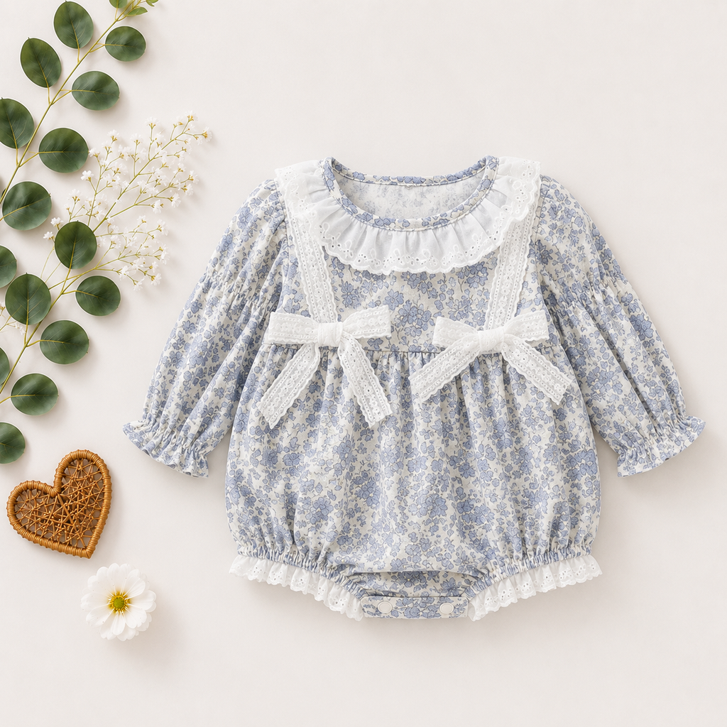 Blue Floral Baby Romper with Bow Detail | Premium Baby Girl Partywear