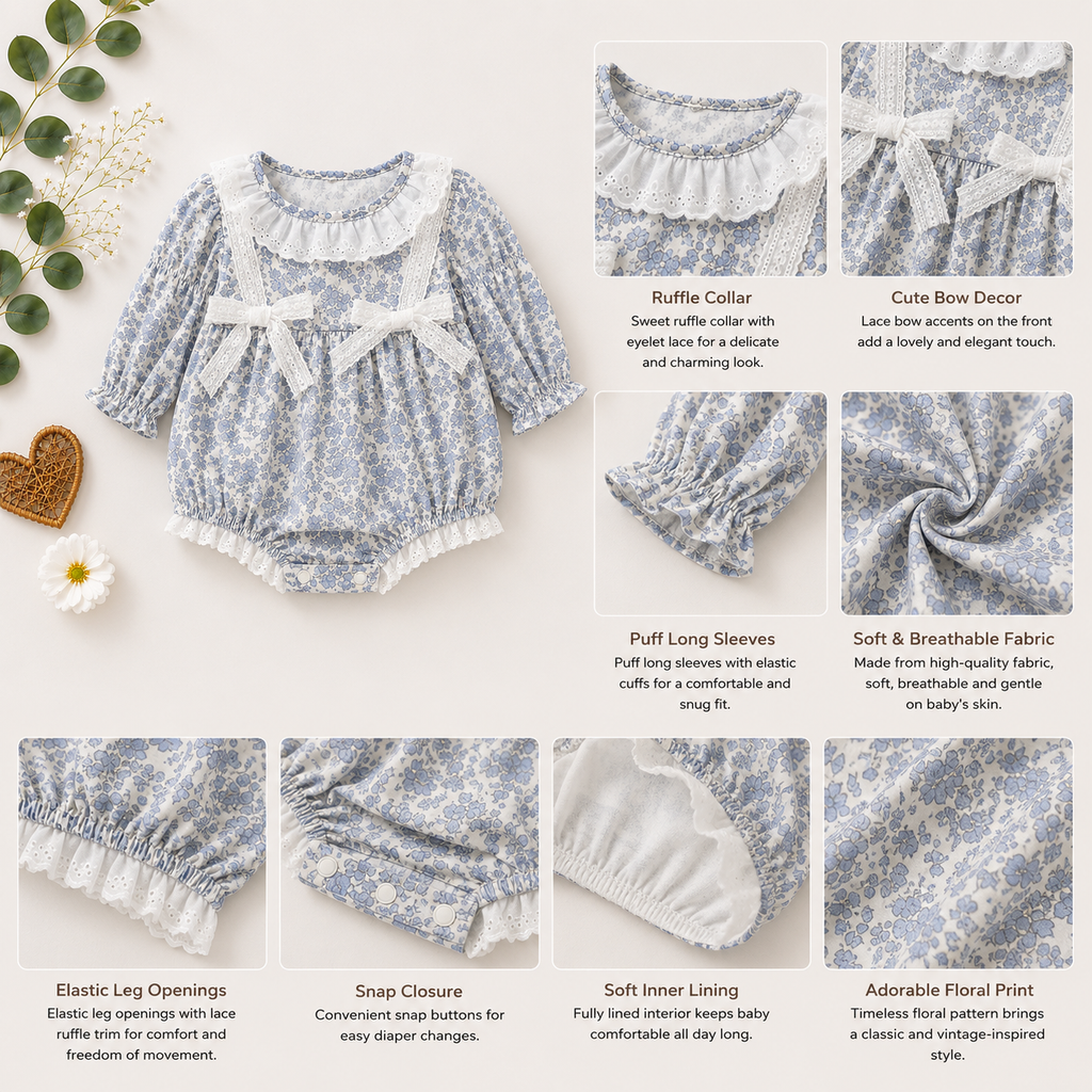 Blue Floral Baby Romper with Bow Detail | Premium Baby Girl Partywear