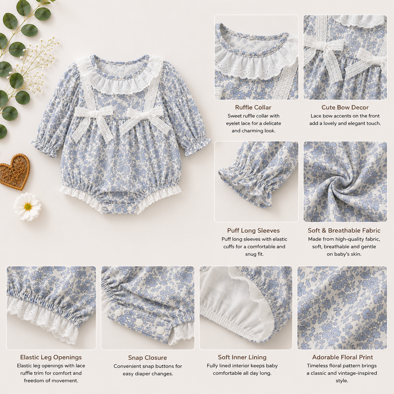 Blue Floral Baby Romper with Bow Detail | Premium Baby Girl Partywear