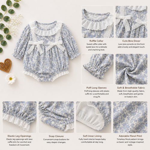 Blue Floral Baby Romper with Bow Detail | Premium Baby Girl Partywear