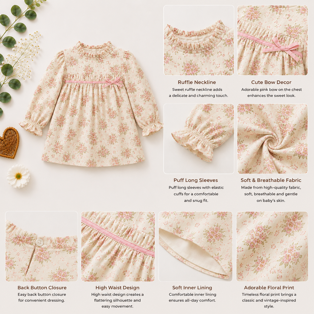 Floral Beige Baby Dress with Headband | Premium Baby Girl Partywear
