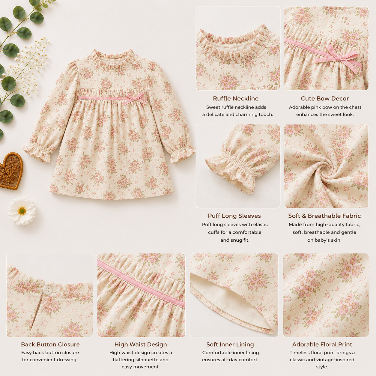 Floral Beige Baby Dress with Headband | Premium Baby Girl Partywear