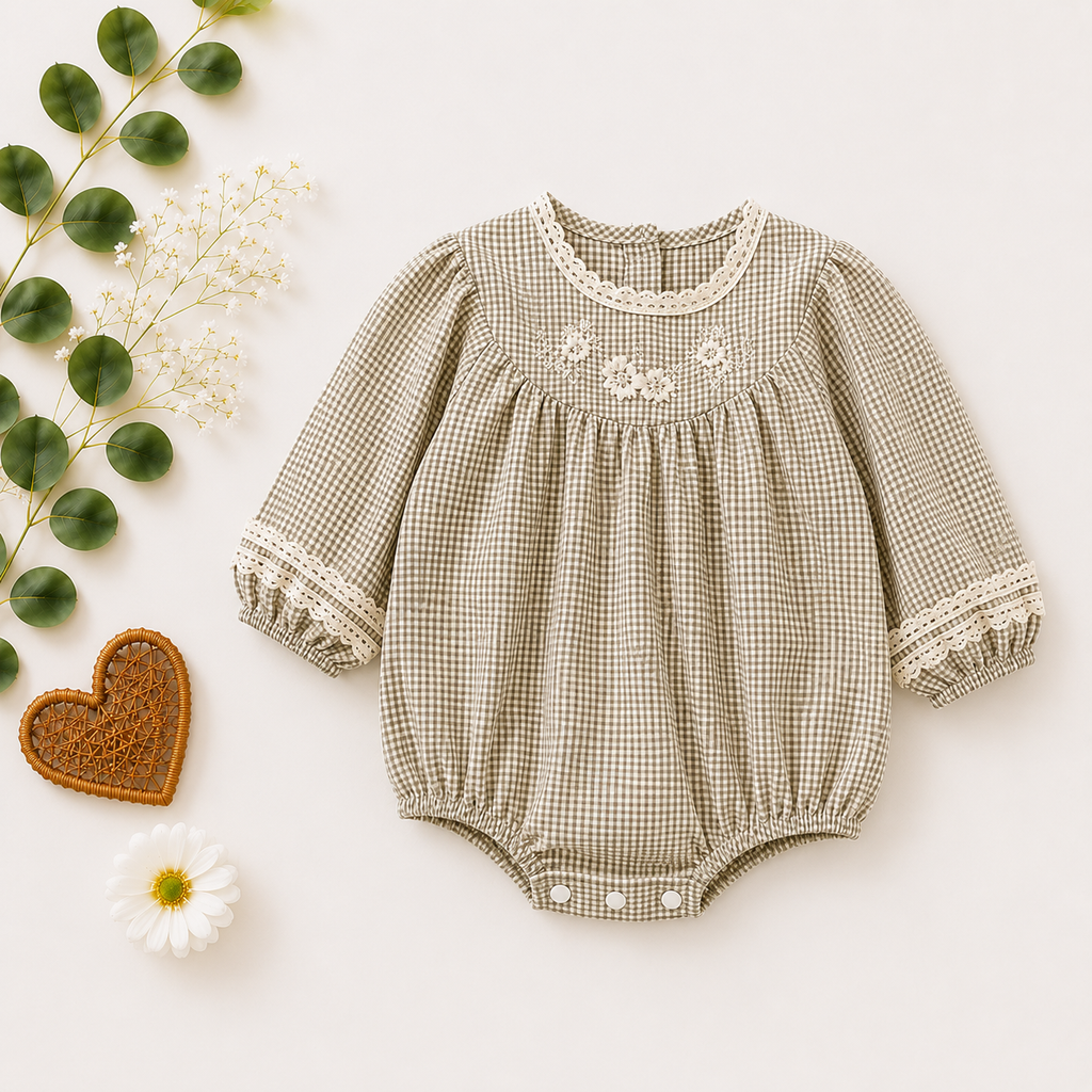 Beige Gingham Baby Romper with Lace Trim | Premium Baby Girl Wear