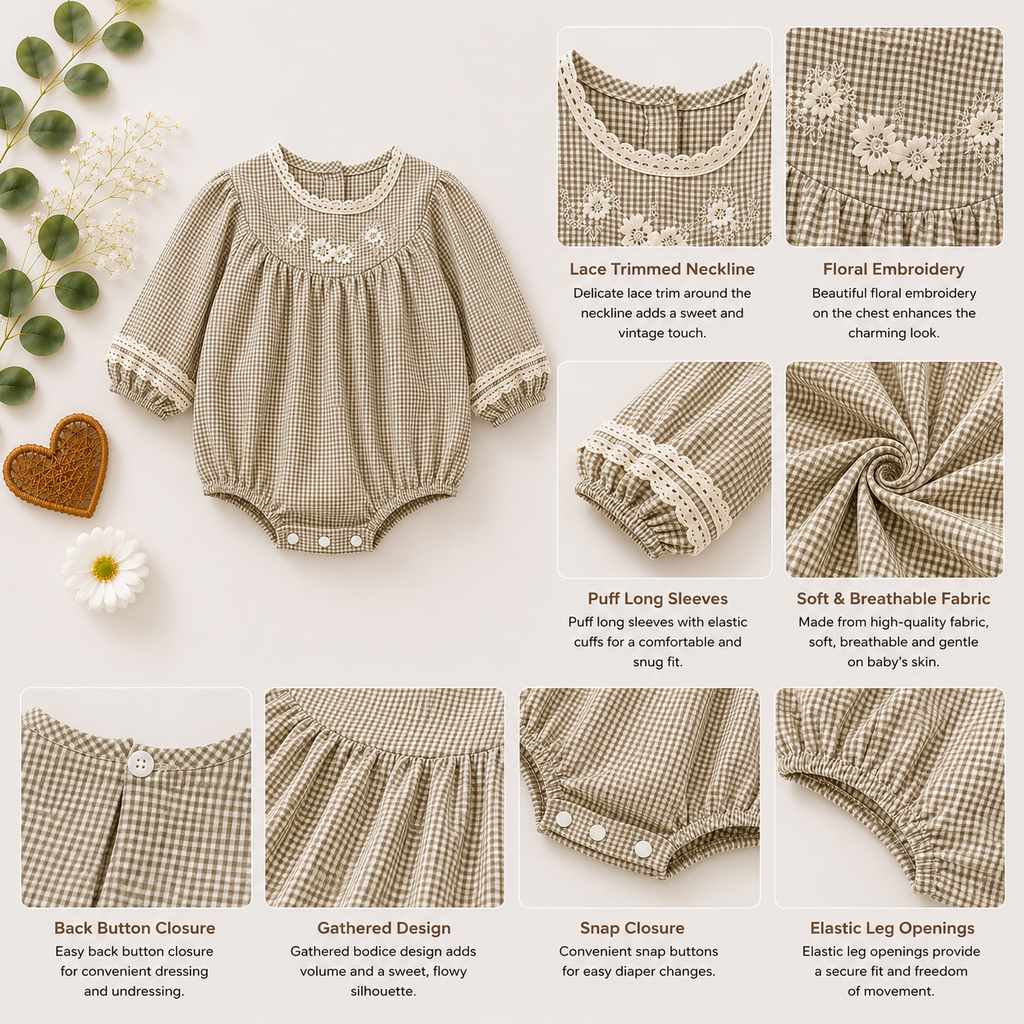 Beige Gingham Baby Romper with Lace Trim | Premium Baby Girl Wear