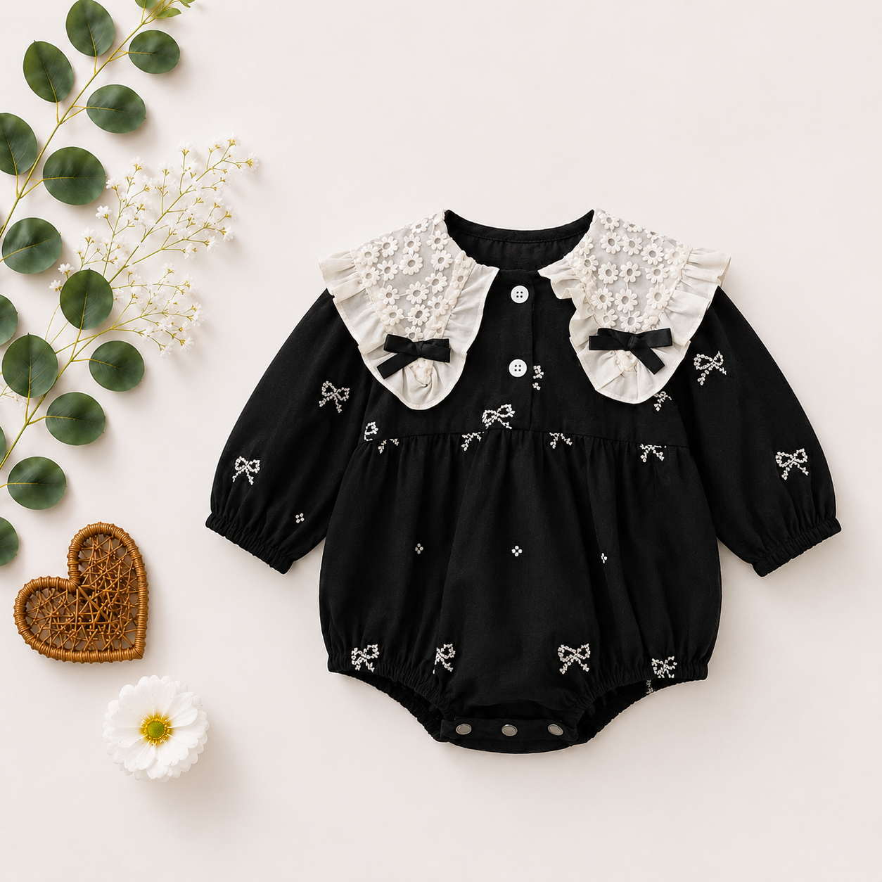 Black Baby Romper with Lace Collar & Bow Details | Premium Baby Partywear