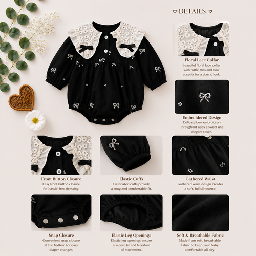 Black Baby Romper with Lace Collar & Bow Details | Premium Baby Partywear