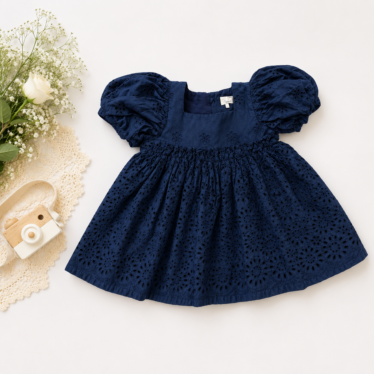 Midnight Navy Eyelet Smock Dress