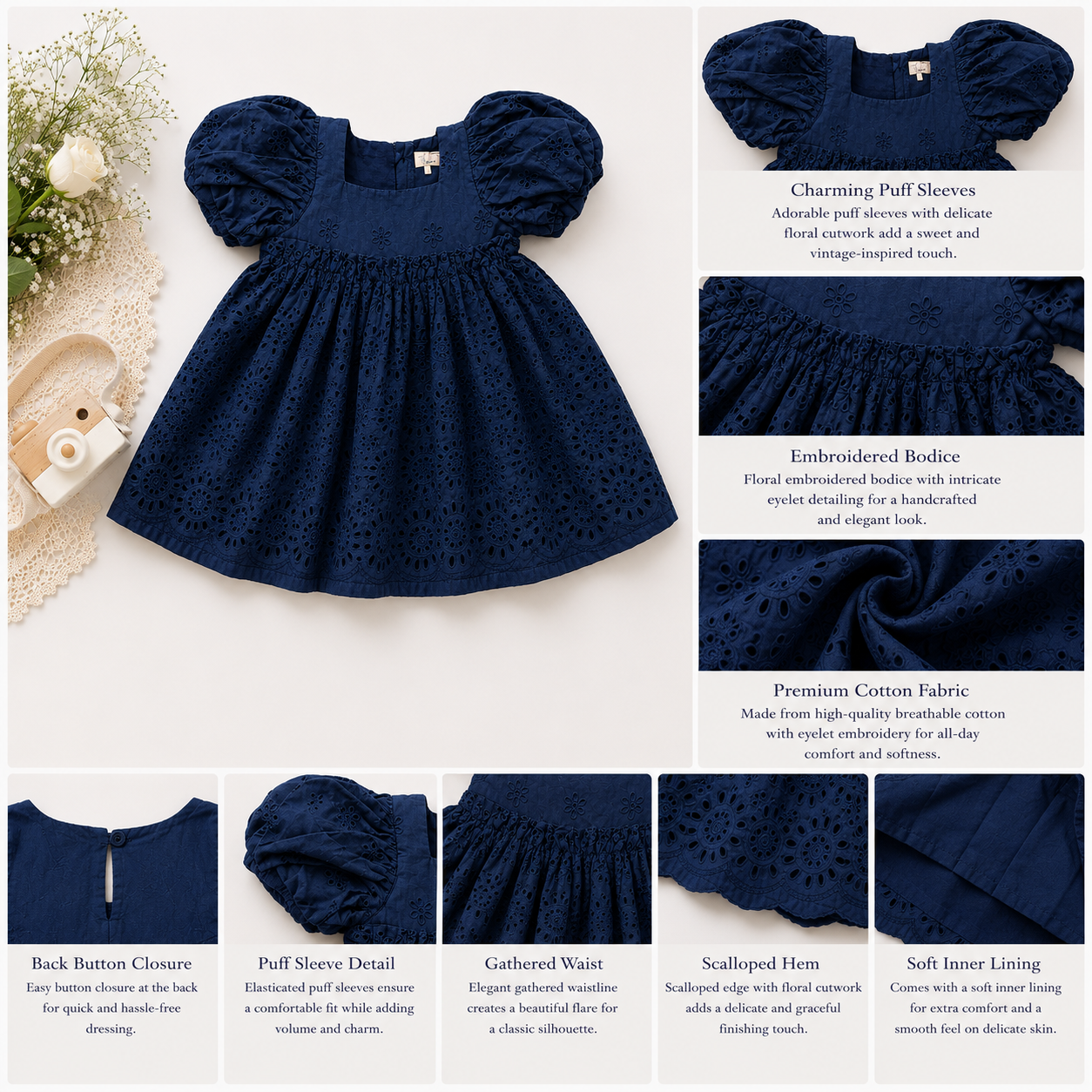 Midnight Navy Eyelet Smock Dress