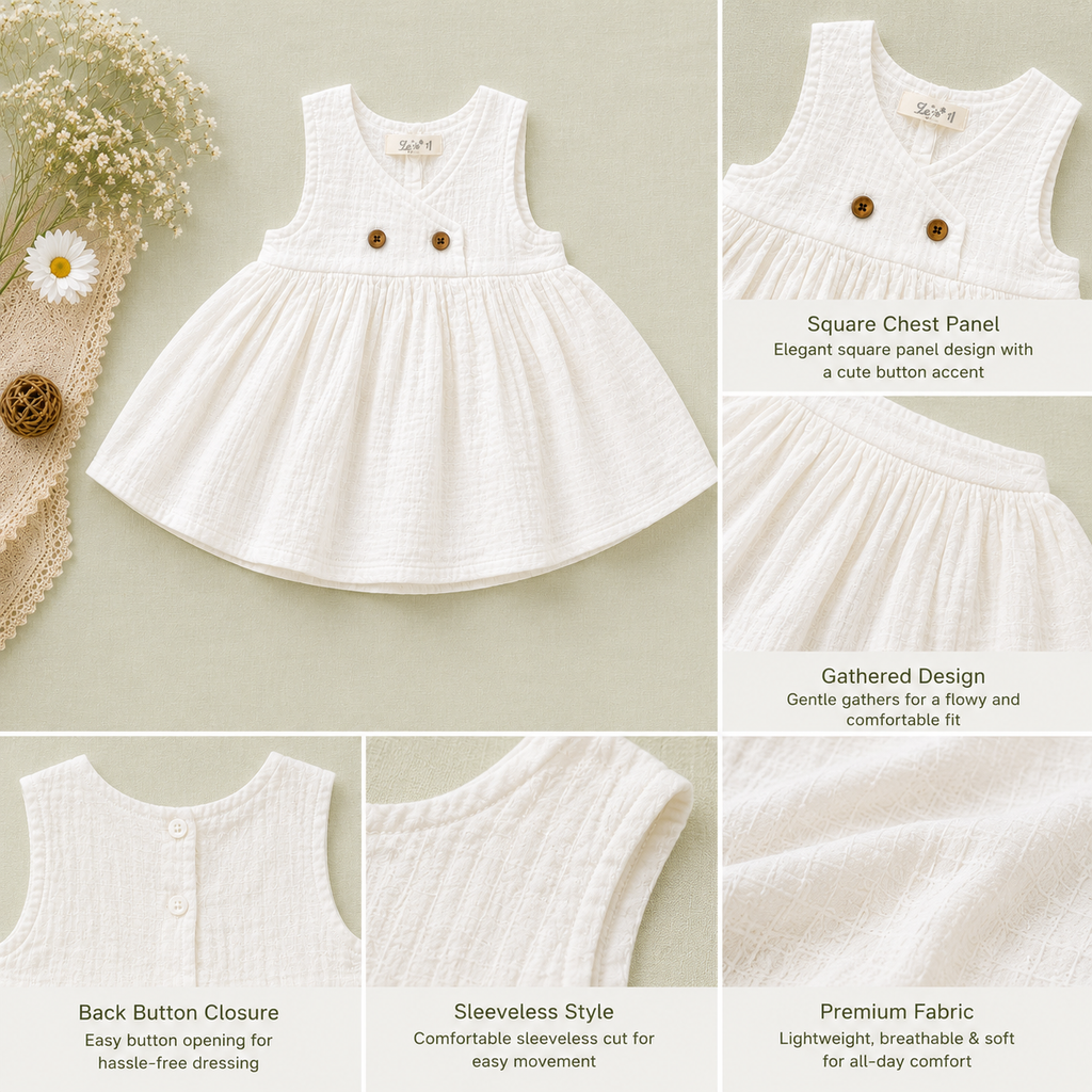 White Muslin Baby Girl Dress | Sleeveless Soft Cotton Muslin Dress for Girls