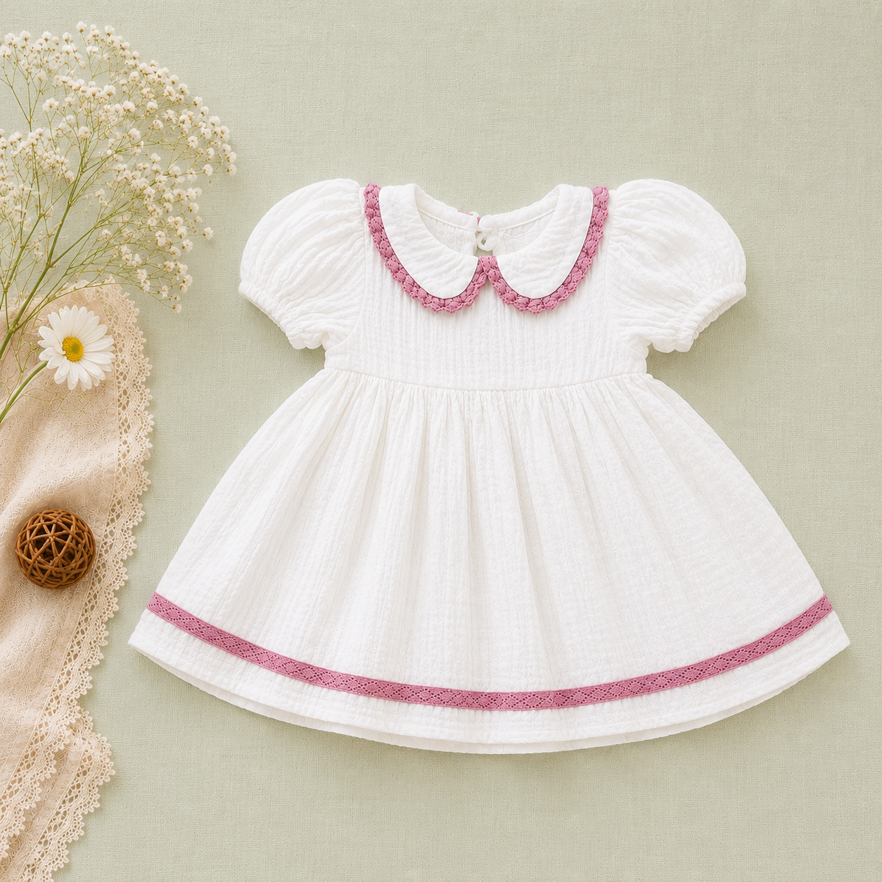 White Muslin Baby Girl Dress | Puff Sleeve Peter Pan Collar Dress (0–3 Years)