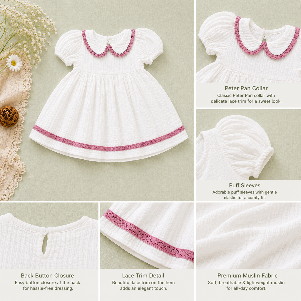 White Muslin Baby Girl Dress | Puff Sleeve Peter Pan Collar Dress (0–3 Years)