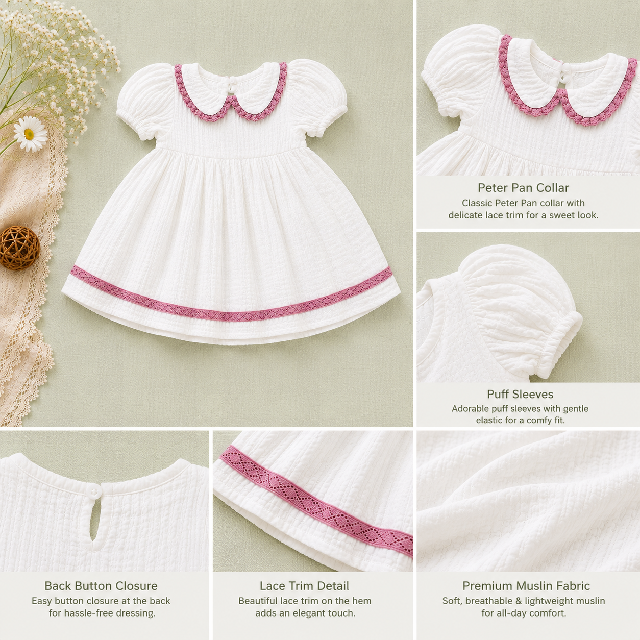 White Muslin Baby Girl Dress | Puff Sleeve Peter Pan Collar Dress (0–3 Years)