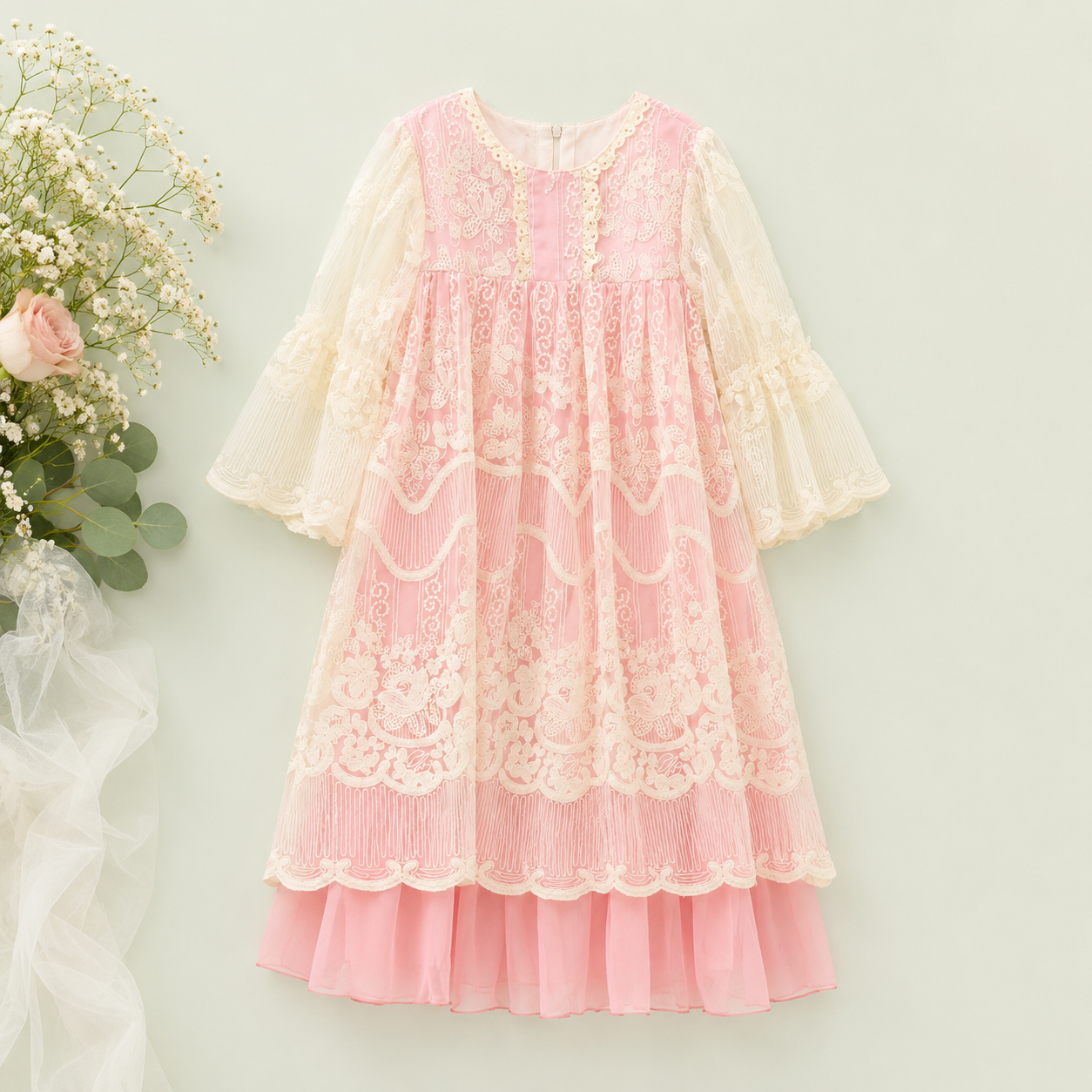 Premium Georgette Party Frock for Girls in Pastel Pink and Blue