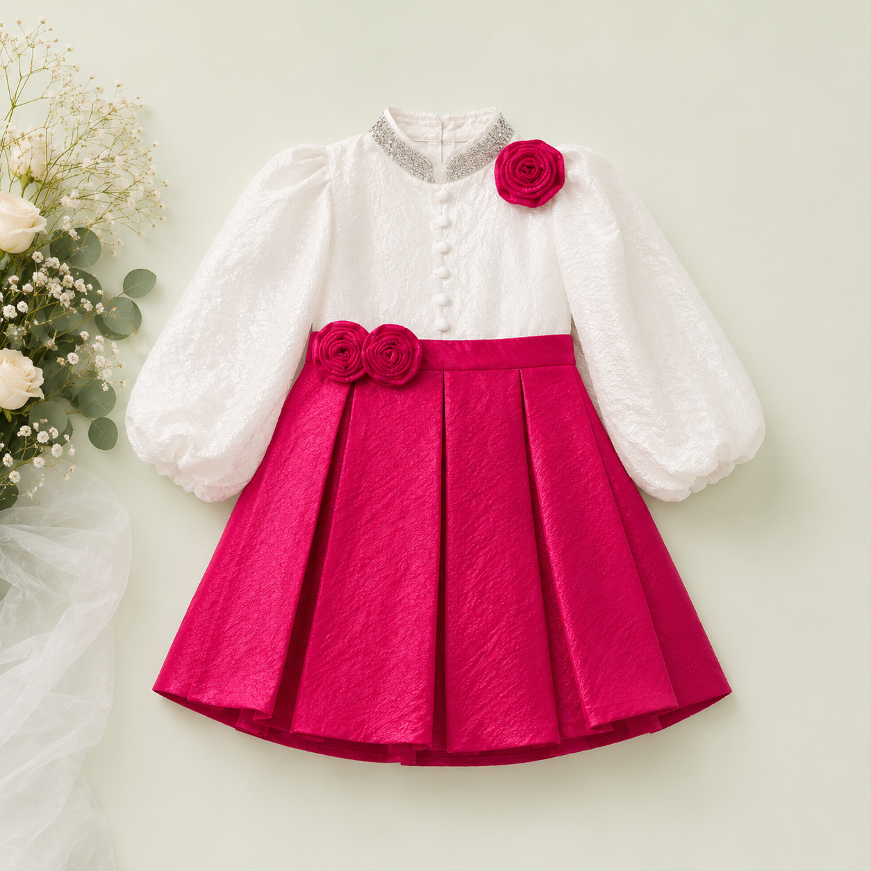 Girls’ Luxe Puff Sleeve Party Dress – Pink & White