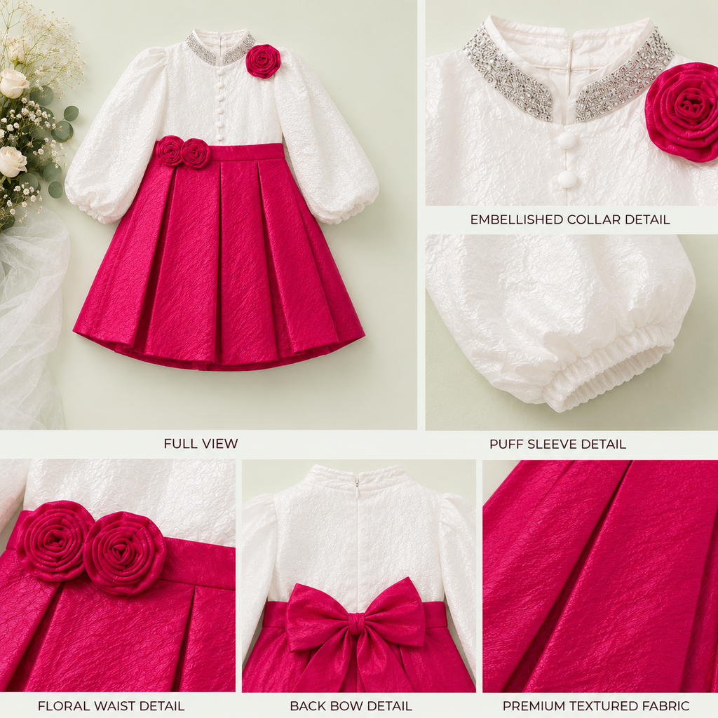 Girls’ Luxe Puff Sleeve Party Dress – Pink & White