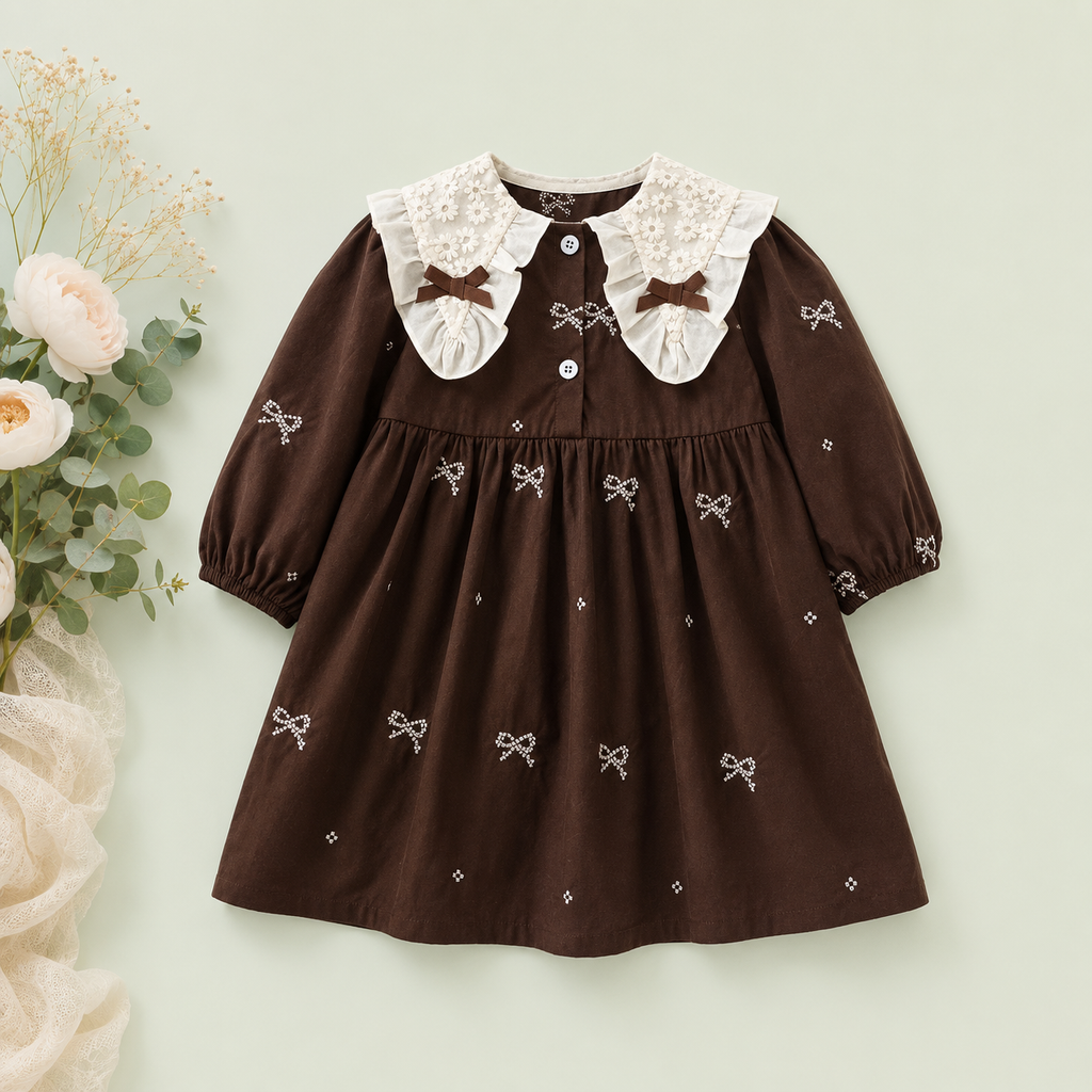 Brown Embroidered Bow Dress for Baby Girls