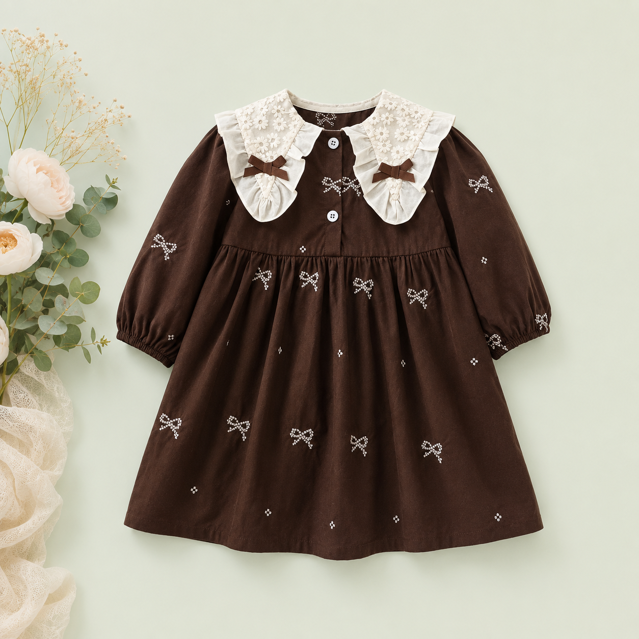 Brown Embroidered Bow Dress for Baby Girls
