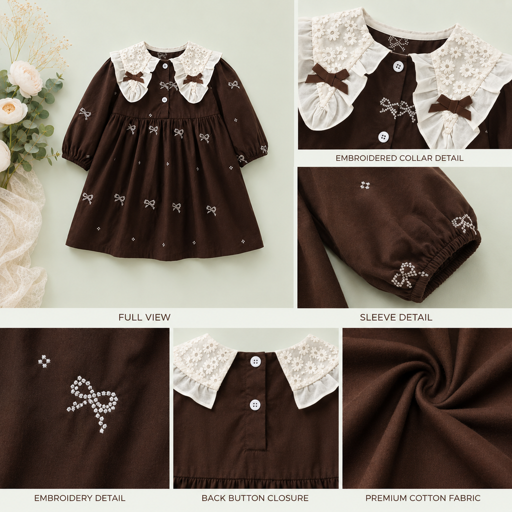 Brown Embroidered Bow Dress for Baby Girls