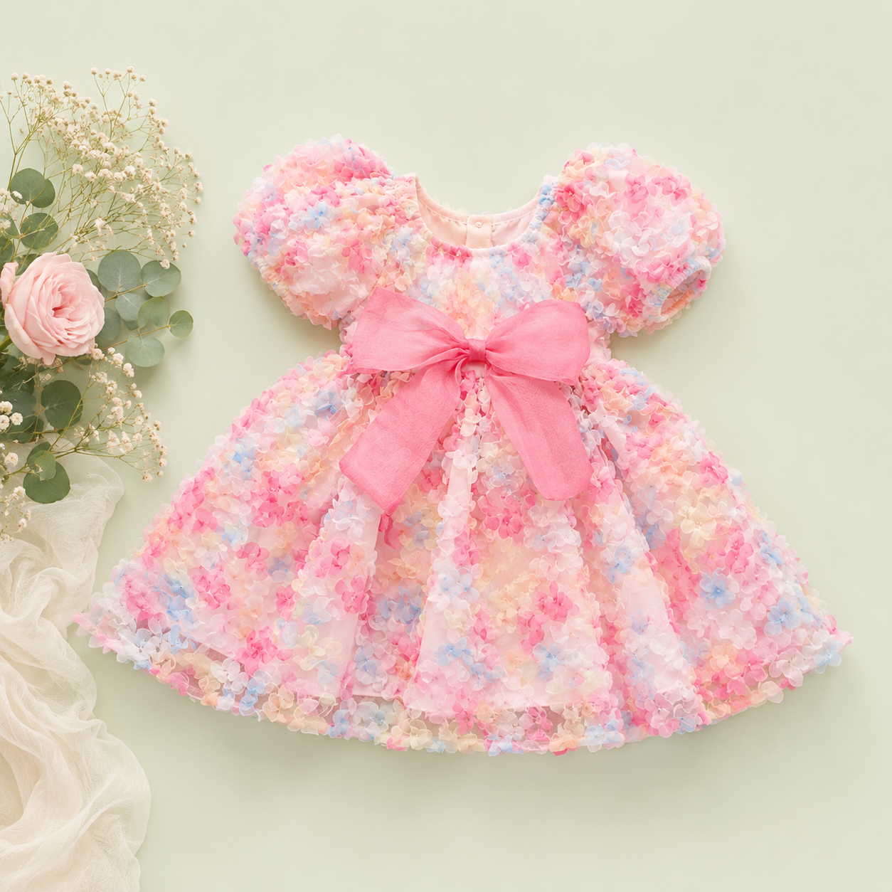 Floral Party Dress for Baby Girls – Pink Bow