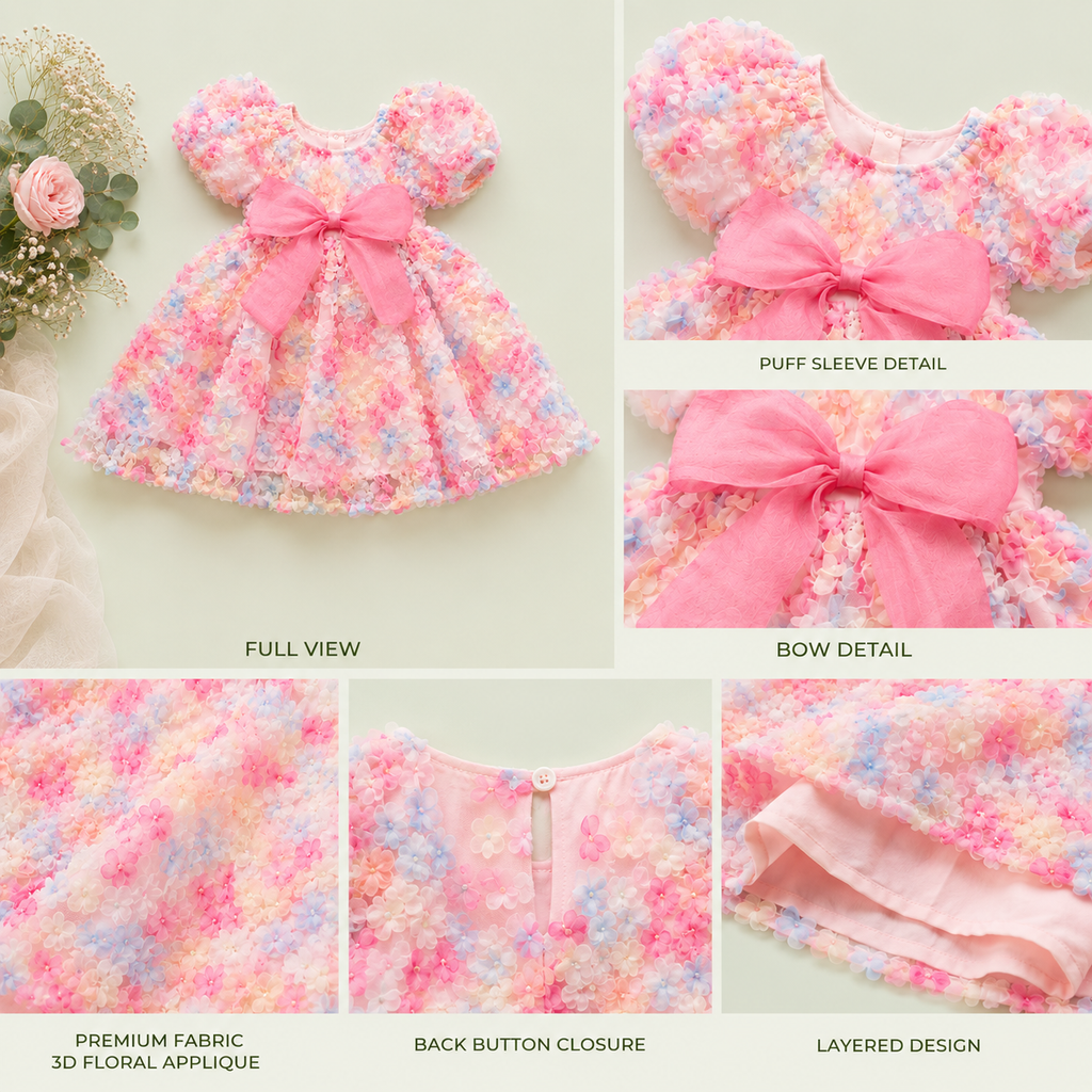 Floral Party Dress for Baby Girls – Pink Bow
