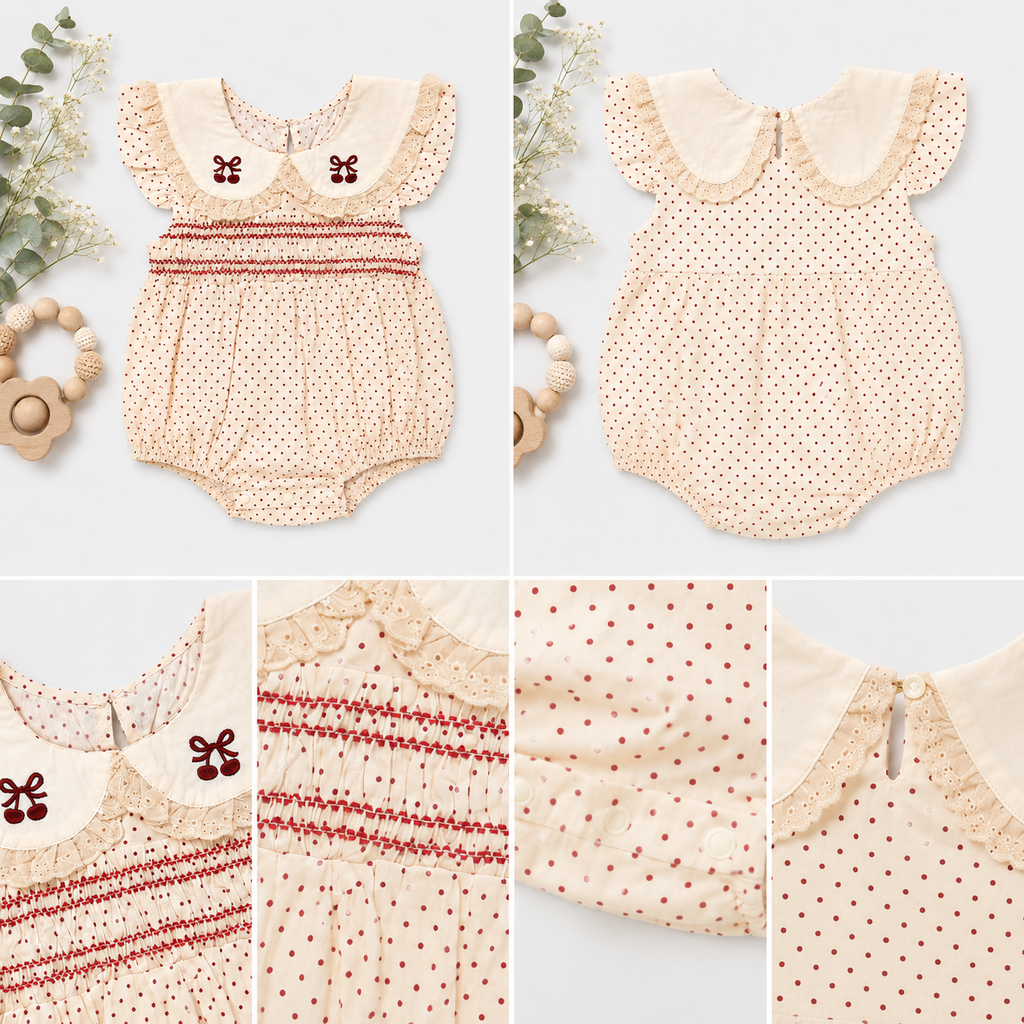 Cream Smocked Romper Set with Butterfly Embroidery
