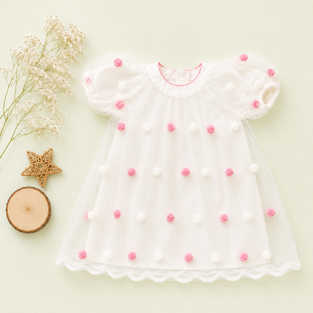 Polka Dot Tulle Overlay Frock, Blue & Pink
