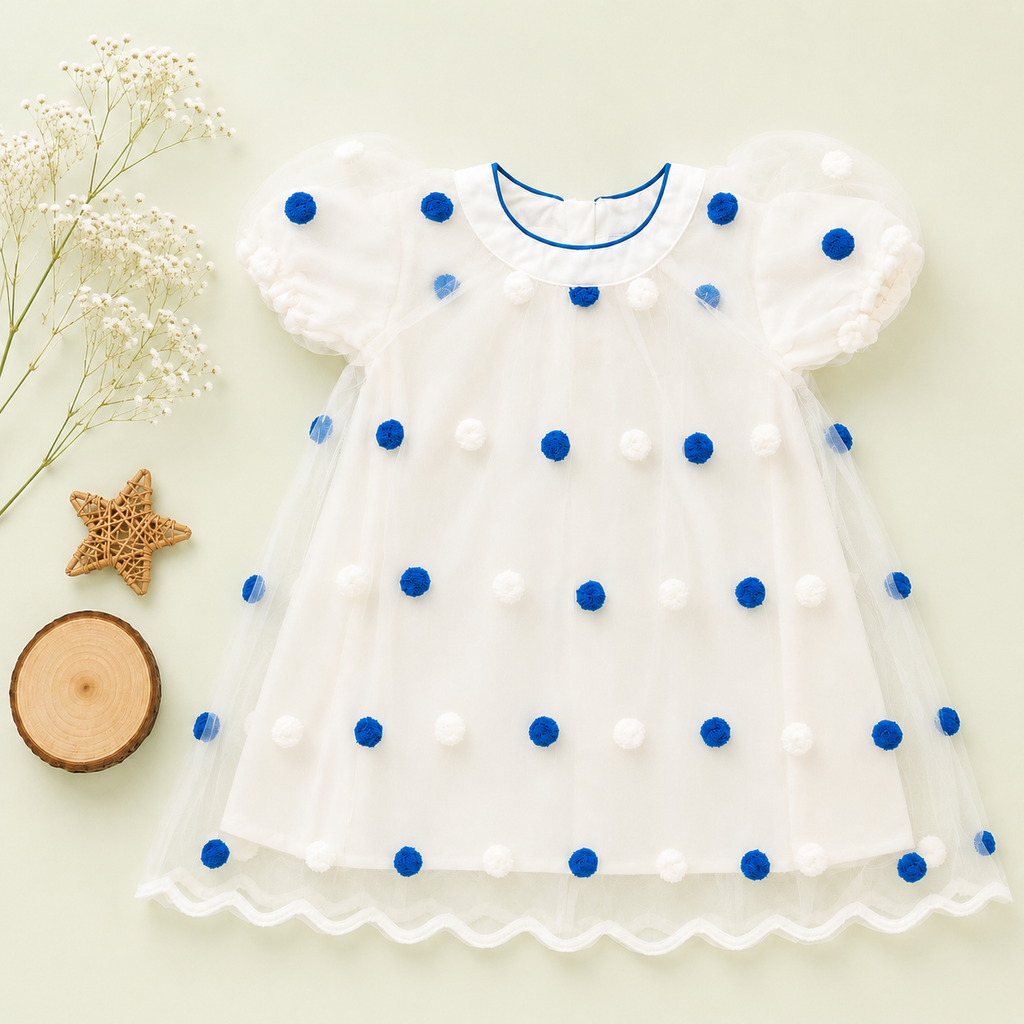 Polka Dot Tulle Overlay Frock, Blue & Pink