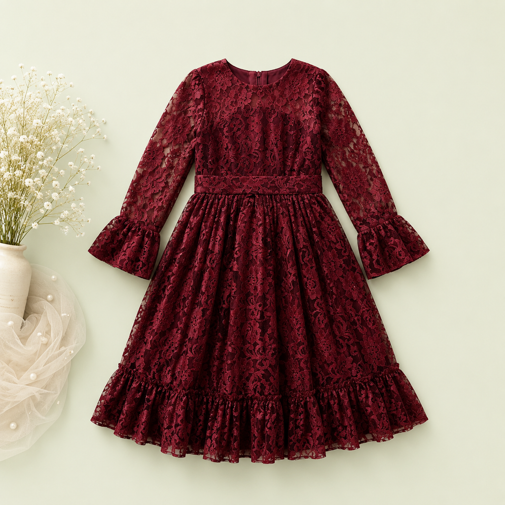 Burgundy Lace Party Dress for Girls