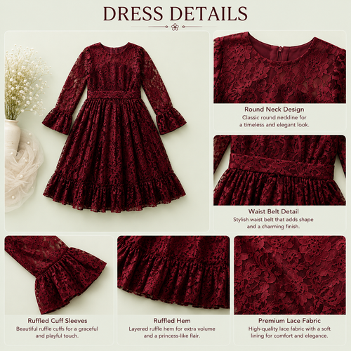 Burgundy Lace Party Dress for Girls
