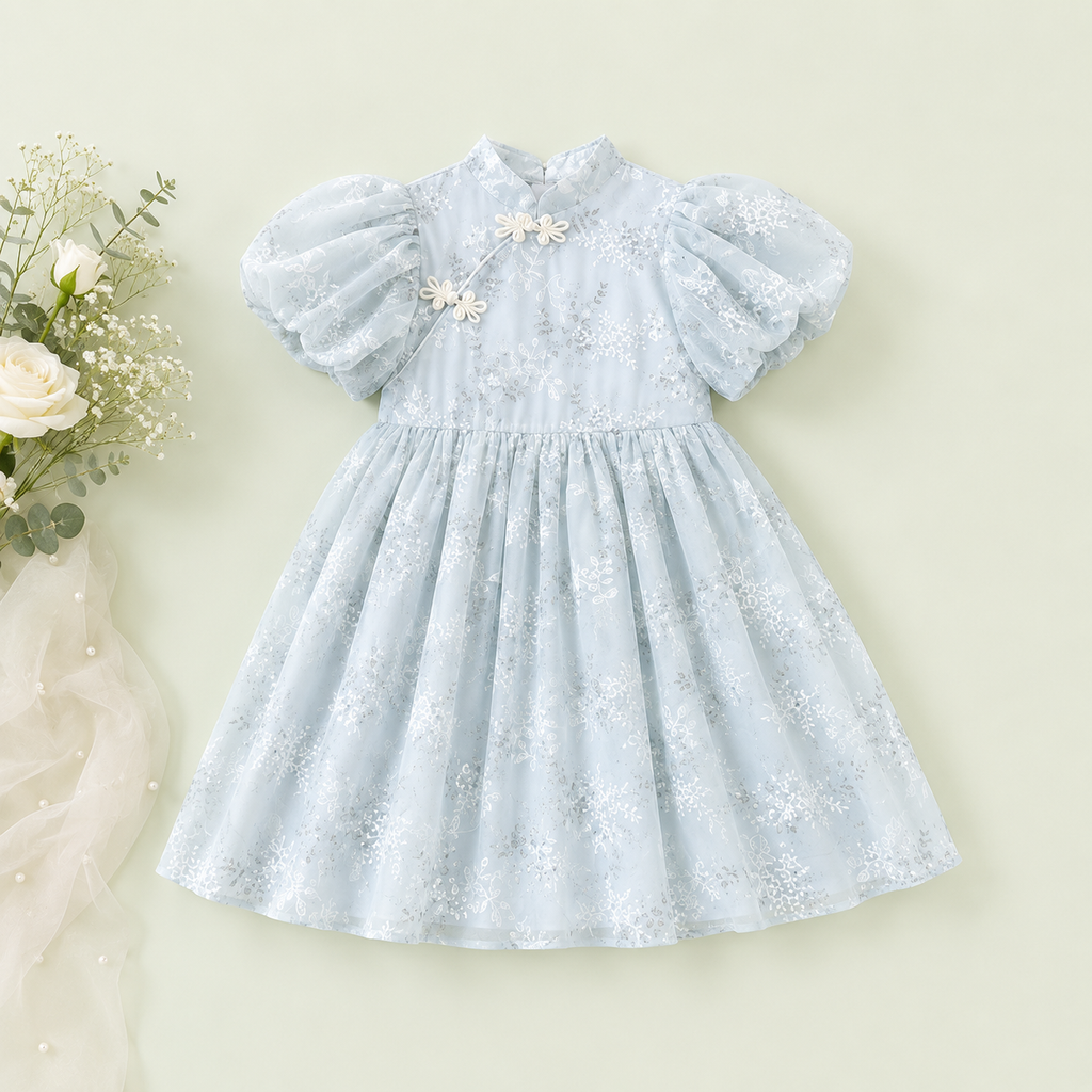 Girls’ Puff Sleeve Lace Dress – Elegant Kids Partywear