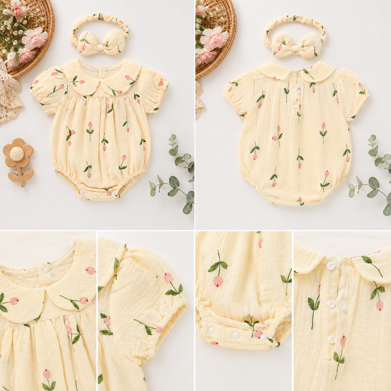 Ivory Floral Embroidered Romper with Bonnet