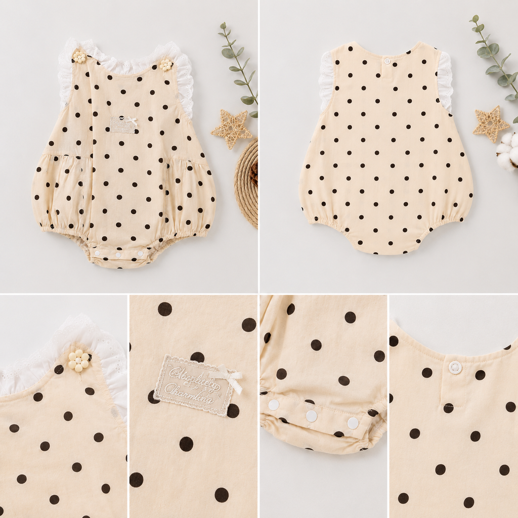 Cream Polka Dot Romper with Lace Trim Collar