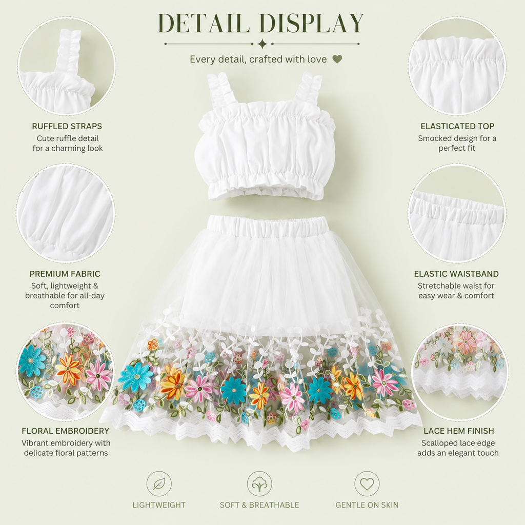 Girls Embroidered Floral Skirt Set for Toddlers