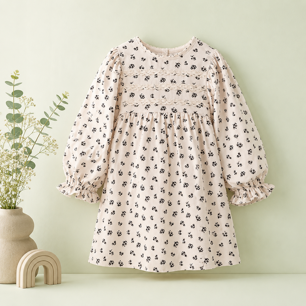 Vintage Floral Puff Sleeve Dress – Beige Cotton Casual Wear for Girls
