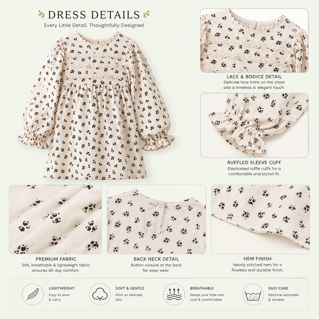 Vintage Floral Puff Sleeve Dress – Beige Cotton Casual Wear for Girls