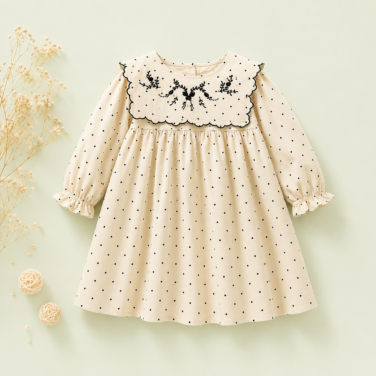 Ivory Polka Dot Toddler Dress with Embroidered Collar | Premium Partywear
