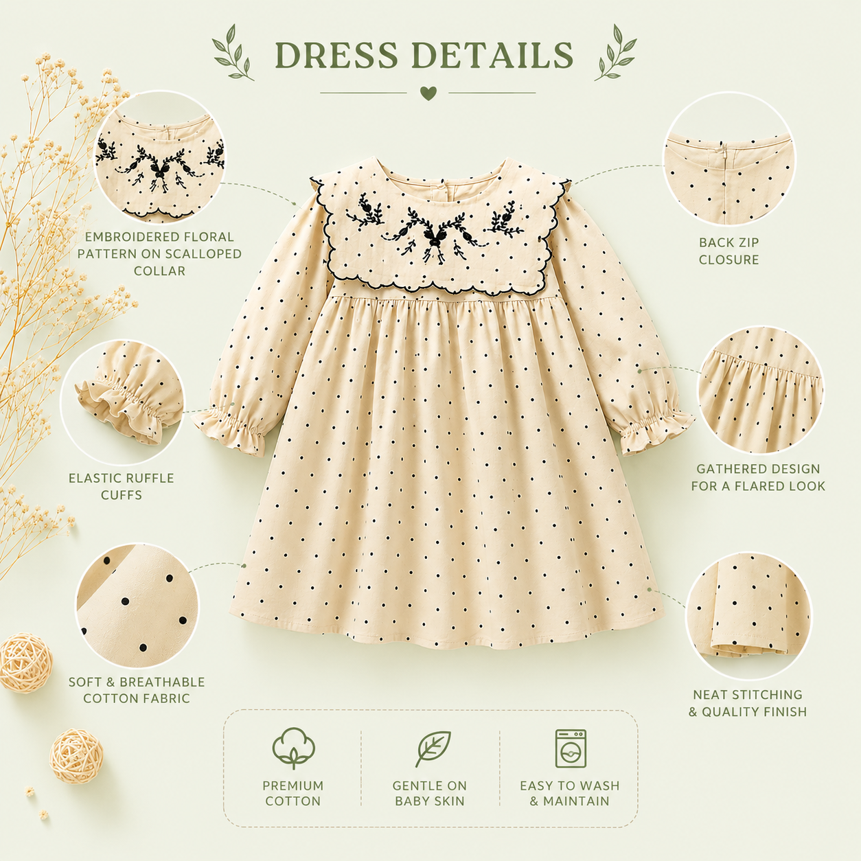 Ivory Polka Dot Toddler Dress with Embroidered Collar | Premium Partywear
