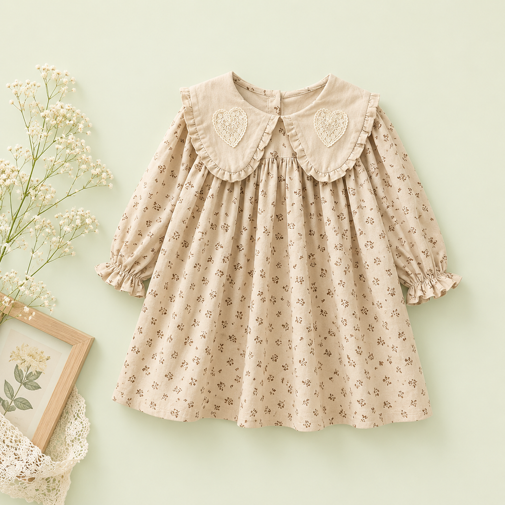 Beige Floral Baby Dress with Lace Collar | Premium Baby Girl Partywear