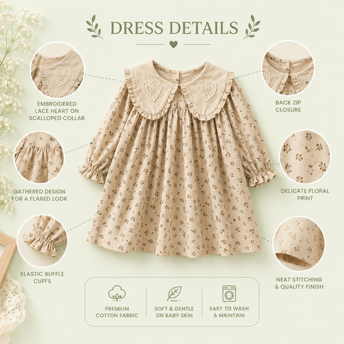 Beige Floral Baby Dress with Lace Collar | Premium Baby Girl Partywear
