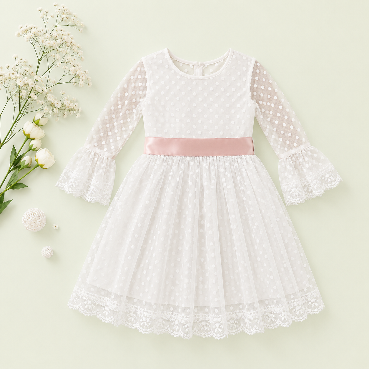 White & Blue Polka Dot Tulle Party Dress for Girls