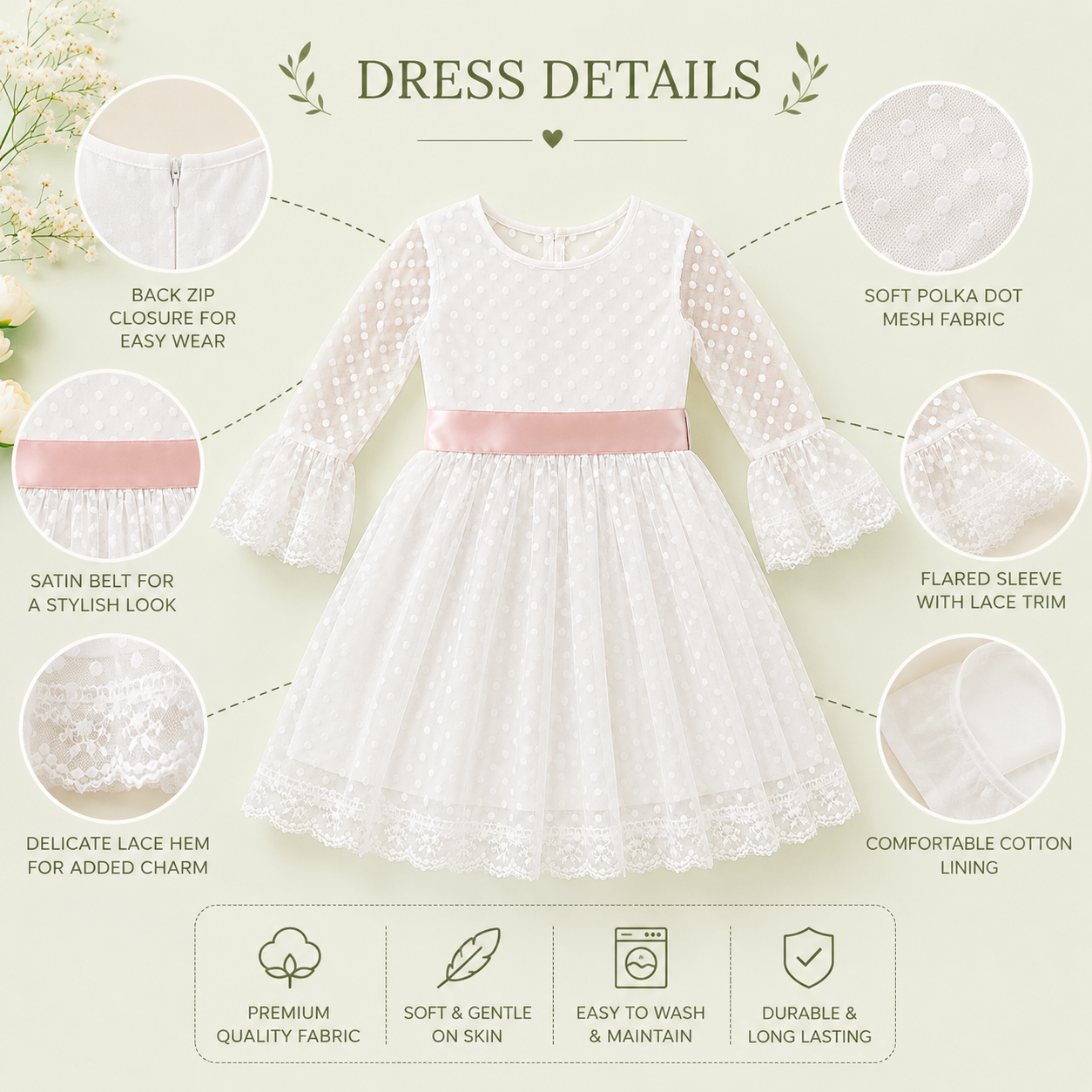 White & Blue Polka Dot Tulle Party Dress for Girls
