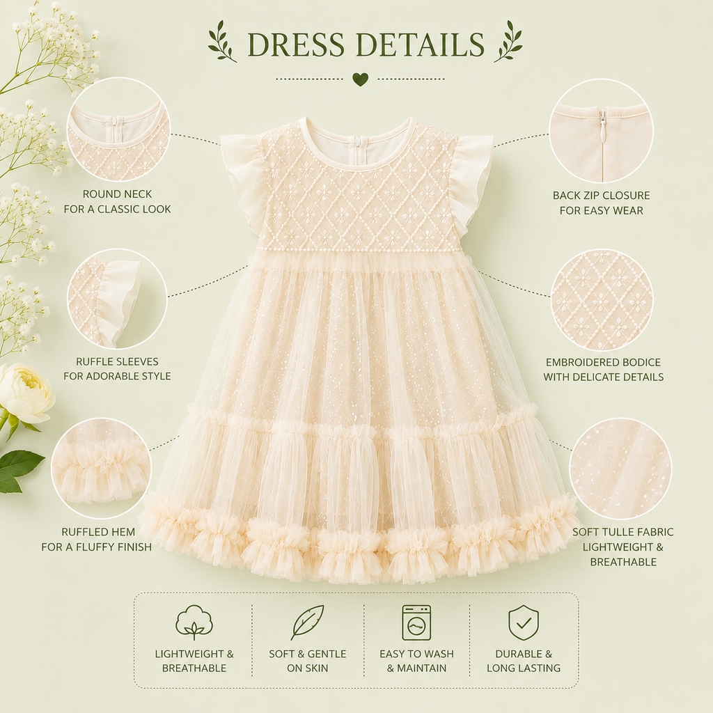 Butterfly Tulle Party Dress for Girls – Beige