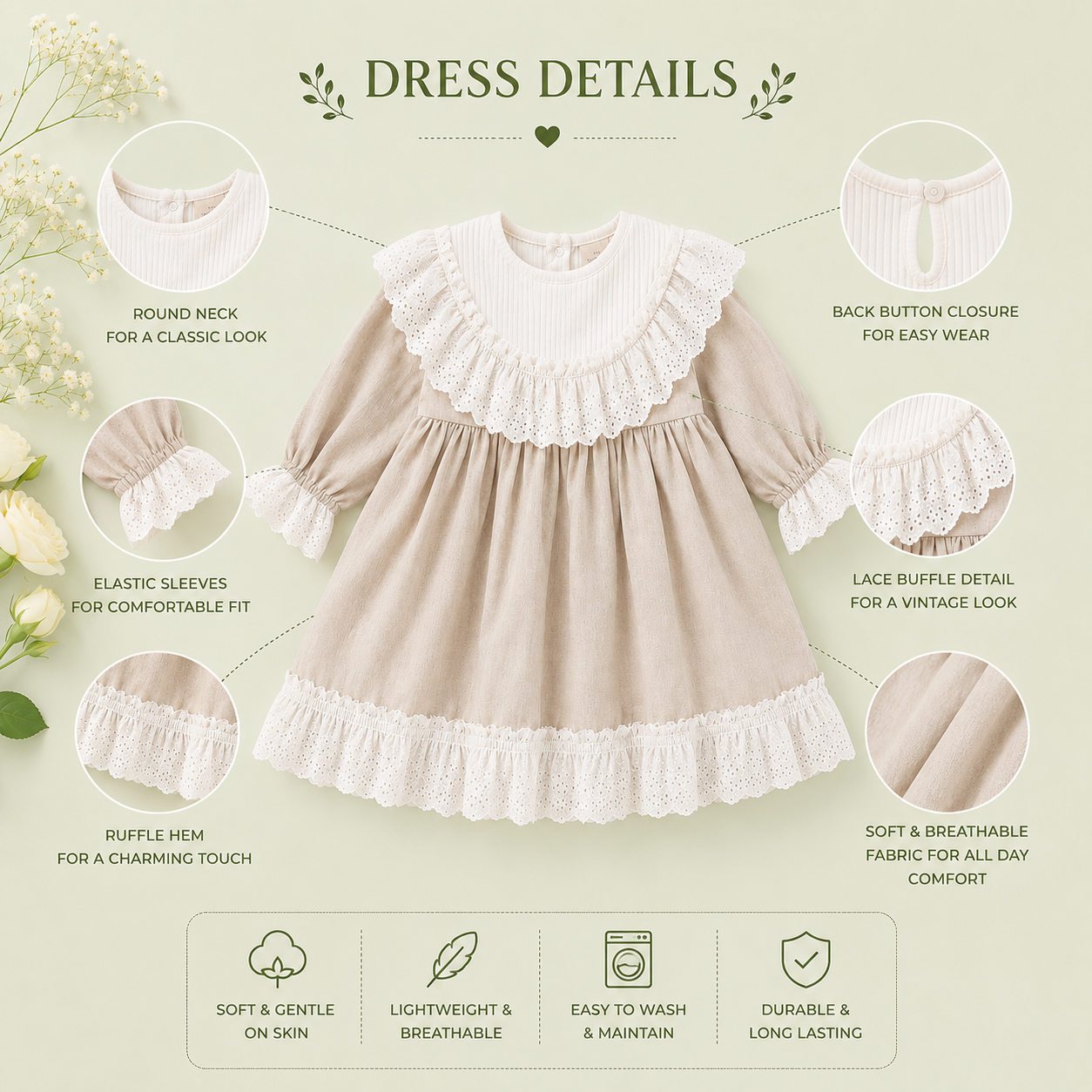 Lace Ruffle Long Sleeve Dress for Toddler Girls