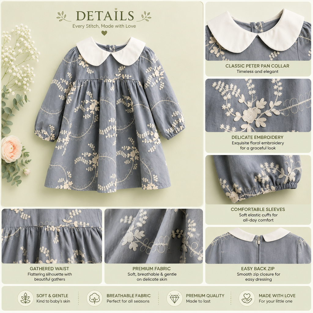 Grey Floral Baby Dress with Peter Pan Collar | Premium Baby Girl Partywear