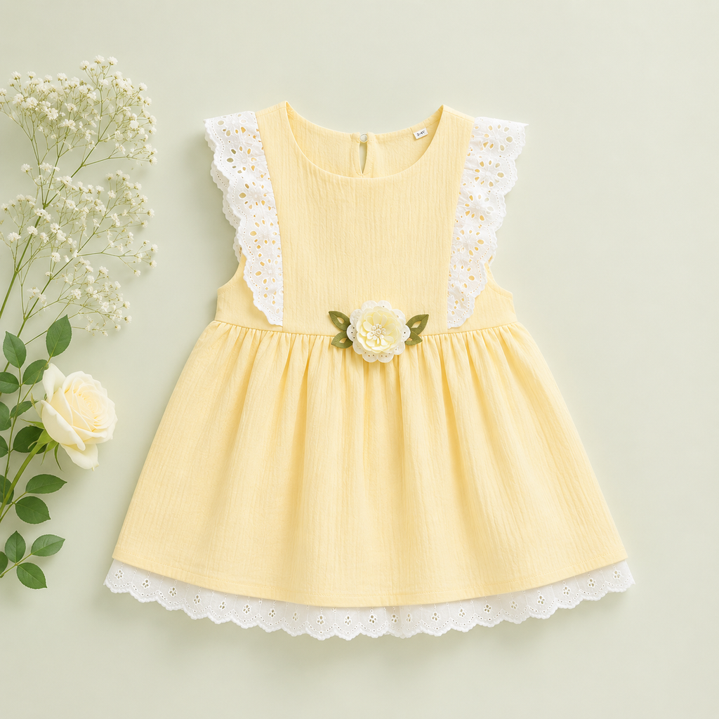 Yellow Cotton Floral Lace Dress for Baby Girls
