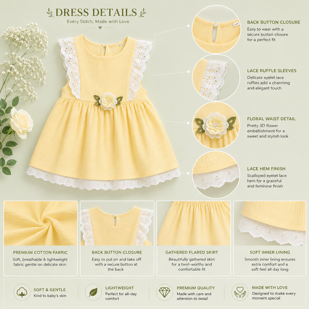 Yellow Cotton Floral Lace Dress for Baby Girls