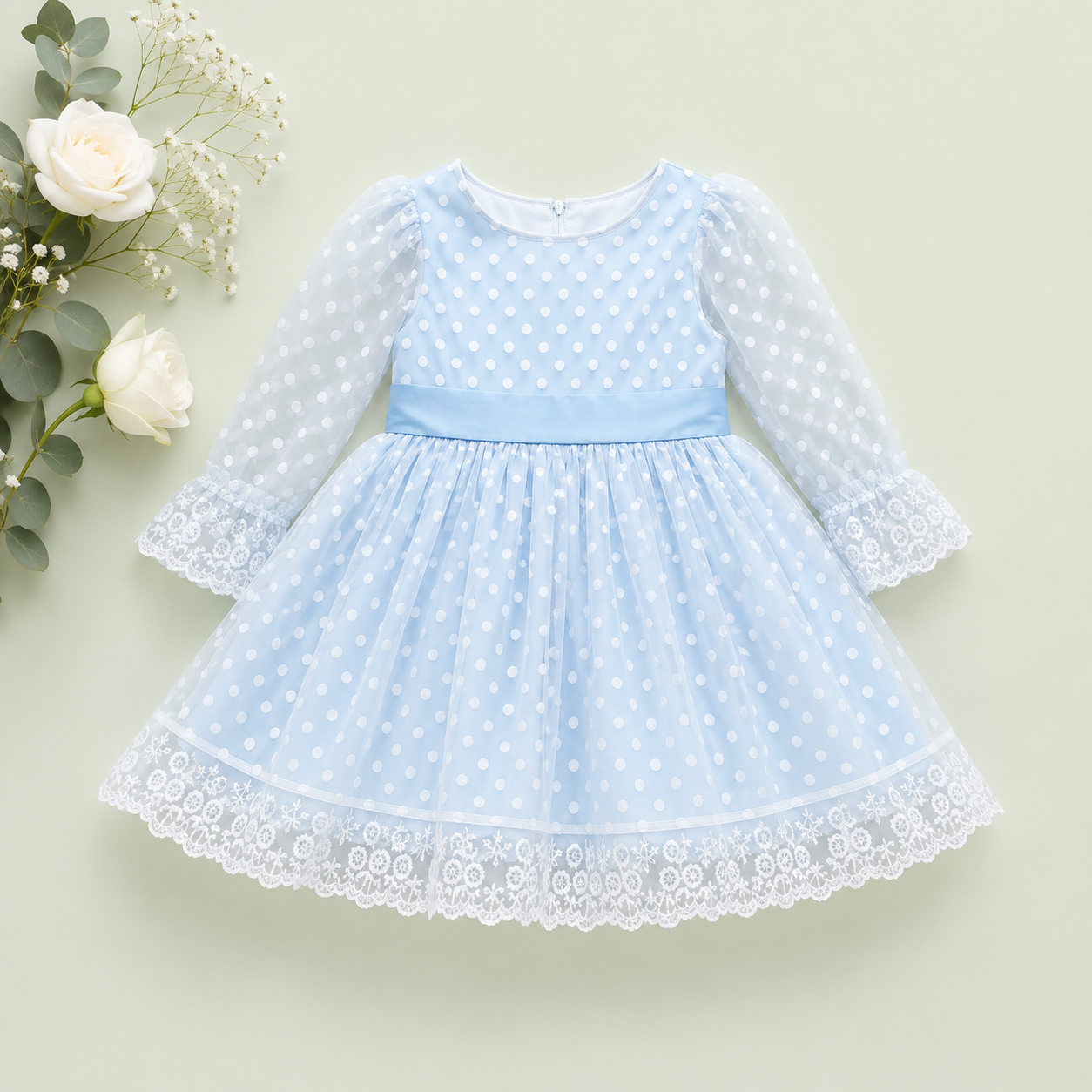 White & Blue Polka Dot Tulle Party Dress for Girls