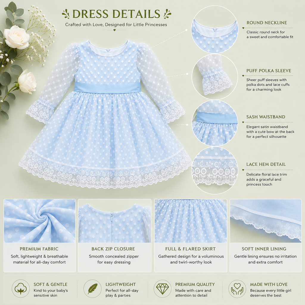 White & Blue Polka Dot Tulle Party Dress for Girls