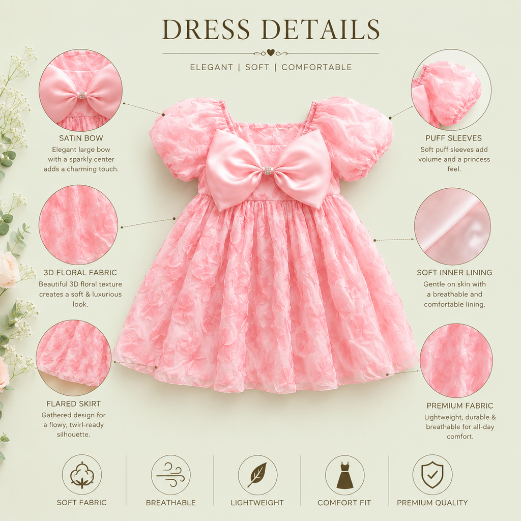 Pink Puff Sleeve Party Dress for Baby Girls